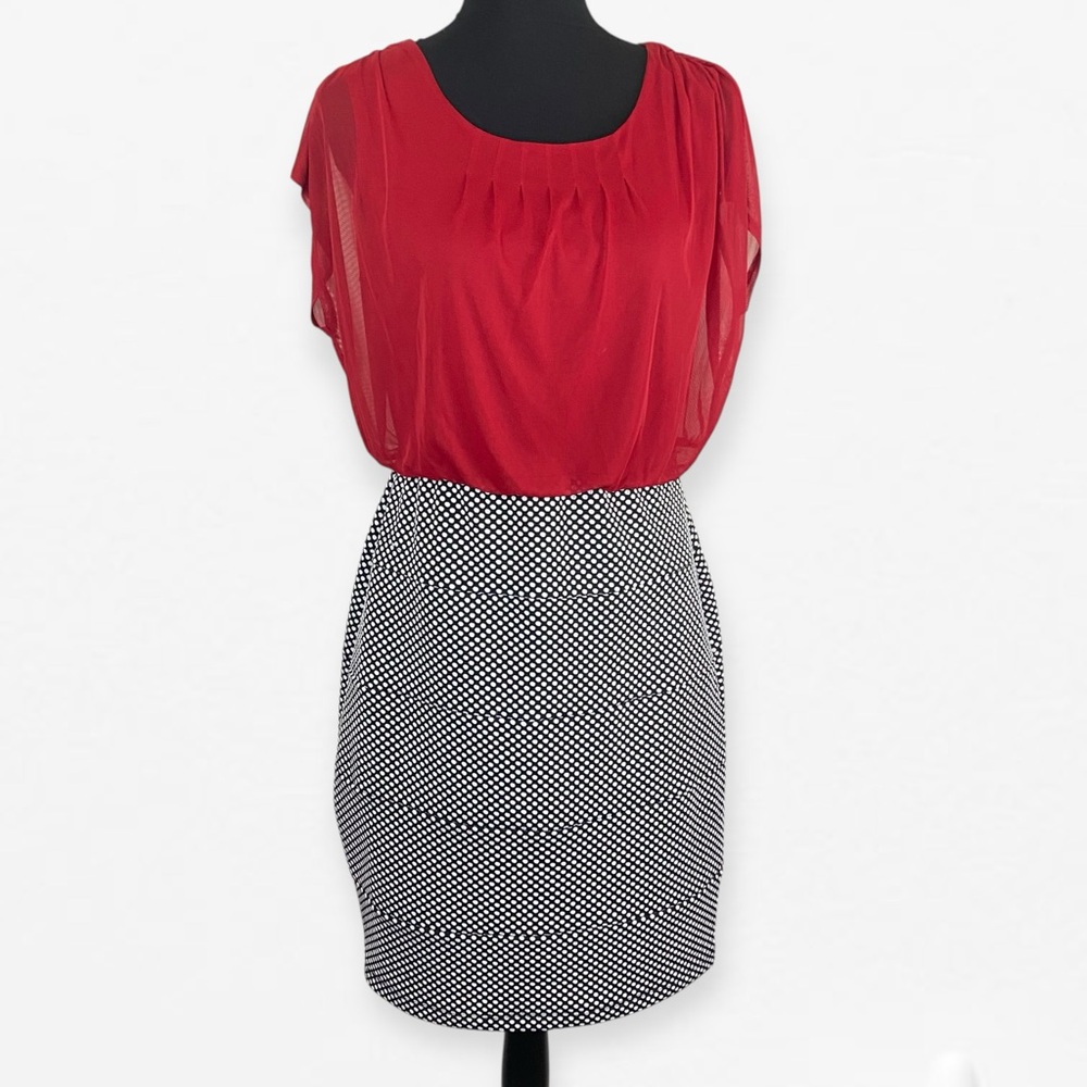 Enfocus Studio Red and Black Mini Career Dress attached blouse/pencil skirt 14